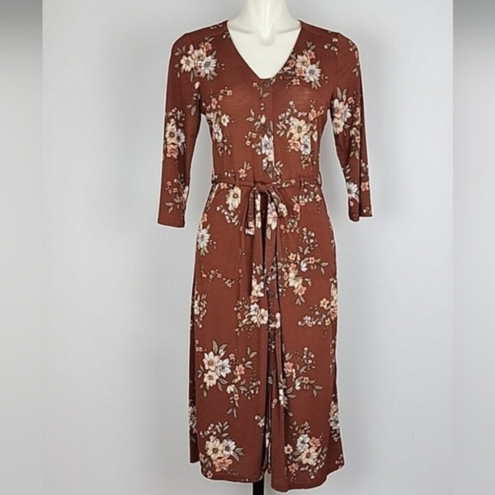 Monteau Los Angeles Women's Button Down Midi Dress 3/4 Sleeves Brown Floral Sz S